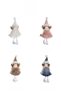 Set of four plush Christmas angel ornaments with knit hats and sparkly wing details