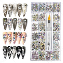 21-grid organizer set with iridescent AB rhinestones for nail art and dotting tool