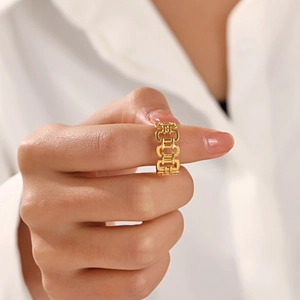 Geometric Hollow Chain Link Open Adjustable Ring Stainless Steel 18K Gold Plated Minimalist INS Style Fashion For Women
