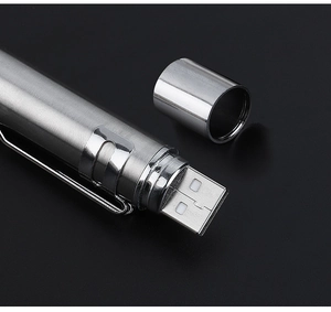 Detailed close-up of the USB interface on a sleek silver metallic laser cat teaser pen