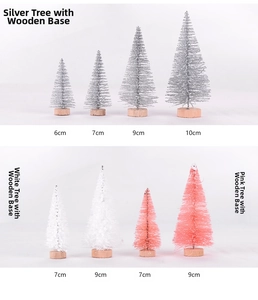 Miniature sisal Christmas trees in silver, white and pink with round wooden bases