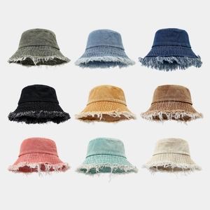 Washed Denim Bucket Hat Frayed Edge Fringe Distressed Cotton Sun Protection Retro Street Style Unisex Fisherman Cap