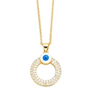 18K gold plated evil eye necklace featuring a pave zircon hollow circle pendant with O-chain