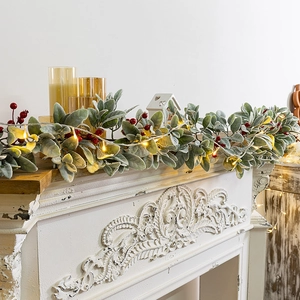 Christmas Artificial Garland Lambs Ear Leaves Red Berries Frosted Greenery Fireplace Mantel Table Centerpiece Decoration