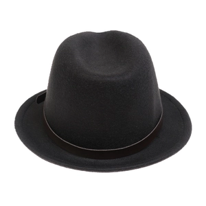 Detail of classic black wool felt fedora with a vintage brown leather belt band