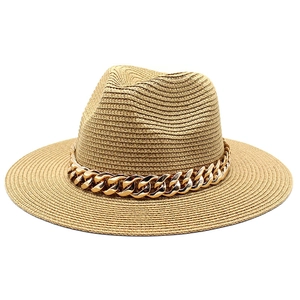 Close-up of a wide-brim straw fedora with a chunky gold acrylic chain decoration