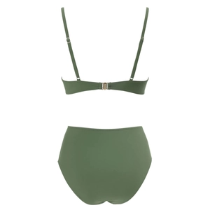 Detail of olive green bikini back with adjustable straps and golden metal closure