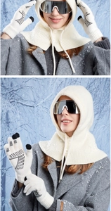 Detail of white rib-knit balaclava with drawstring and touch-screen gloves for winter