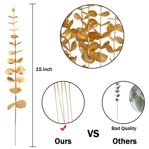Detail of 15-inch golden artificial eucalyptus stems with metallic leaves and wire core
