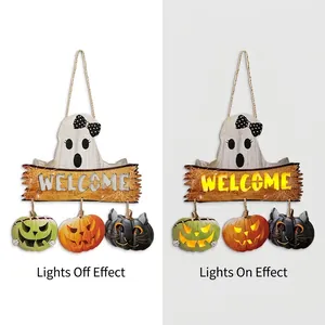 Halloween Welcome sign featuring a glowing LED ghost, pumpkin, and black cat wall decor