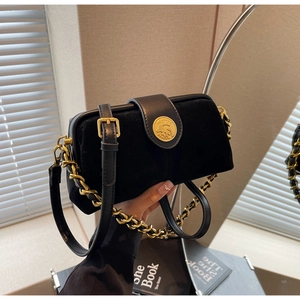 Close-up of black suede crossbody bag with gold lion emblem and chain strap in soft light