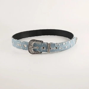 Vintage light blue denim belt with silver floral buckle and sequin distressing
