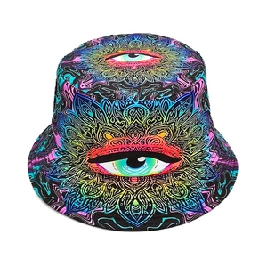 Streetwear bucket hat featuring a psychedelic kaleidoscope eye print for outdoor sun protection