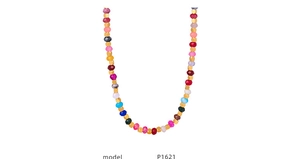 Macro shot of colorful faceted tourmaline beads and golden spacers on the necklace