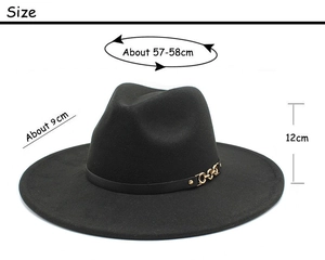Detailed size specifications for wide brim wool fedora hat with golden chain decor