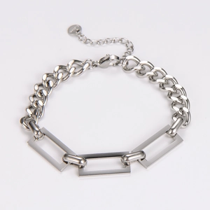 Detailed macro view of the silver stainless steel link bracelet with lobster clasp and tag