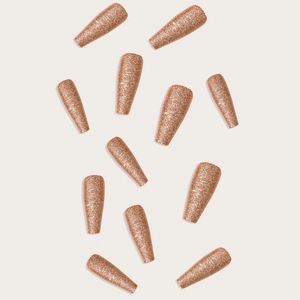 Long coffin rose gold glitter press-on nails with shiny sequin finish for women