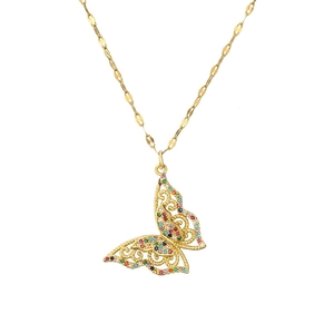 Golden necklace featuring a delicate butterfly pendant with colorful gemstones on white background