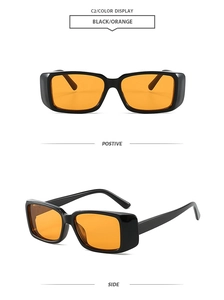 Front and side view of retro square black frame sunglasses with vibrant orange lenses