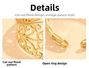 Macro detail of gold vintage palace style hollow pattern on adjustable stainless steel ring
