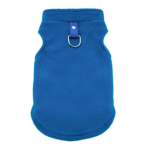 Detail of royal blue fleece dog vest featuring metal D-ring for leash attachment
