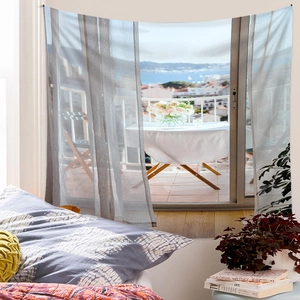 Mediterranean sea view wall tapestry with balcony print for cozy room decoration
