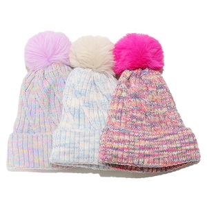 Childrens Rainbow Cable Knit Beanie Hat With Pom-Pom Fleece Lined Warm Winter Mixed Color Soft Acrylic For Kids