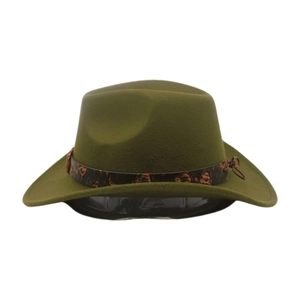 Detail of dark green felt fedora hat featuring an embossed brown leather band and buckle