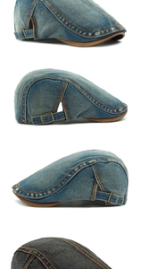 Detail of vintage denim flat cap with leather trim and adjustable metal side buckles