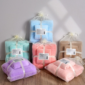 Coral fleece bath towel set in six colors with ribbon and mesh bag packaging