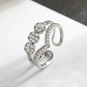 Geometric Double Layer Open Adjustable Ring Copper Zircon Wavy Flower Design Fashion Jewelry For Women