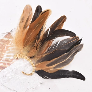 Close-up of vintage peacock feather ear cuff with golden metal on transparent tray
