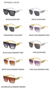 Grid view of nine oversized punk sunglasses featuring chunky gold and silver chain temples