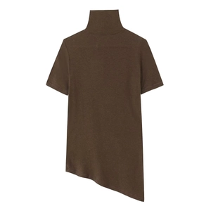 Detail of coffee brown asymmetric hem high-neck short sleeve T-shirt with fine texture