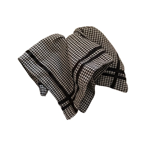 Vintage black and white gingham checkered hair scrunchie with elegant black ribbon accents
