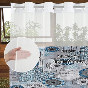 Sheer white shower curtain with metal grommets and blue circular geometric patterns