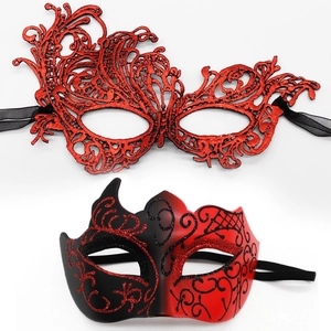 Masquerade mask set featuring red lace eye mask and black red painted half face mask
