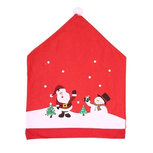 Christmas chair cover featuring Santa Claus and snowman prints on a red fabric background