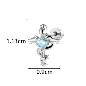 Serpent and cross stud earring with blue heart gemstone, dimensions 1.13cm by 0.9cm