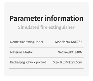 Detailed parameter table showing size and plastic material for simulated fire extinguisher