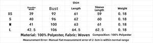 Detailed size chart for woven crepe shirt and pants set showing shoulder and chest measurements