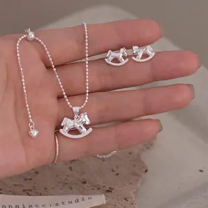 Sparkling S925 silver rocking horse jewelry set with necklace and stud earrings