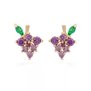 Cute purple grape earrings with gold plating and green leaf gems on white background