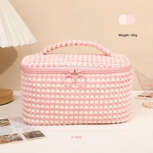 Pink and white checkered plush makeup bag with top handle and dual zippers 21.5x11.8cm