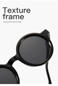 Detail of round sunglasses frame with high-gloss texture and sturdy hinge structure