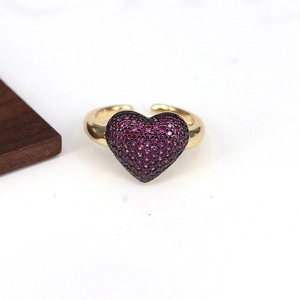 Adjustable gold heart ring with pavé purple cubic zirconia stones for women