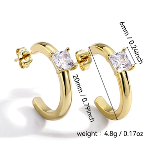 Golden C-shaped hoop earrings with square cubic zirconia including size measurements