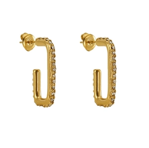 Detail of gold-plated rectangular hoop earrings with white zircon inlays on white backdrop