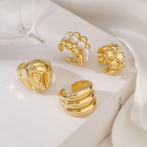 Retro Hammered Texture Star Ball Adjustable Open Ring Copper Imitation Artificial Pearl Multi Layer Minimalist For Women