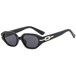 Chic black geometric rectangular sunglasses with gold accent on temple, street style